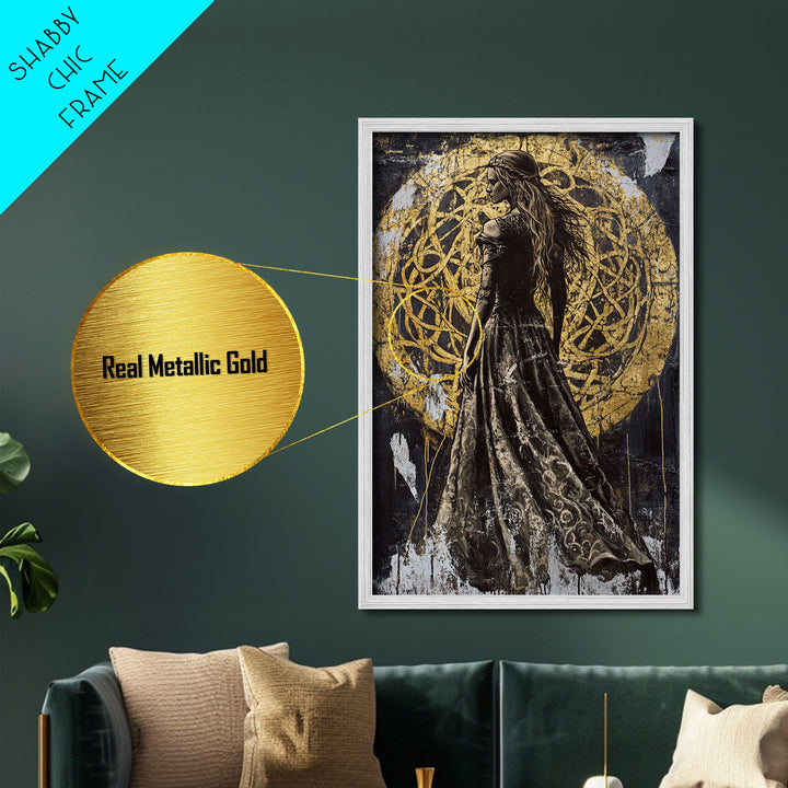 Dark Enchantress Metallic Gold Art, Gothic Halloween Metal Art Wall Hanging, Witchy Painting in Solid Wood Frame