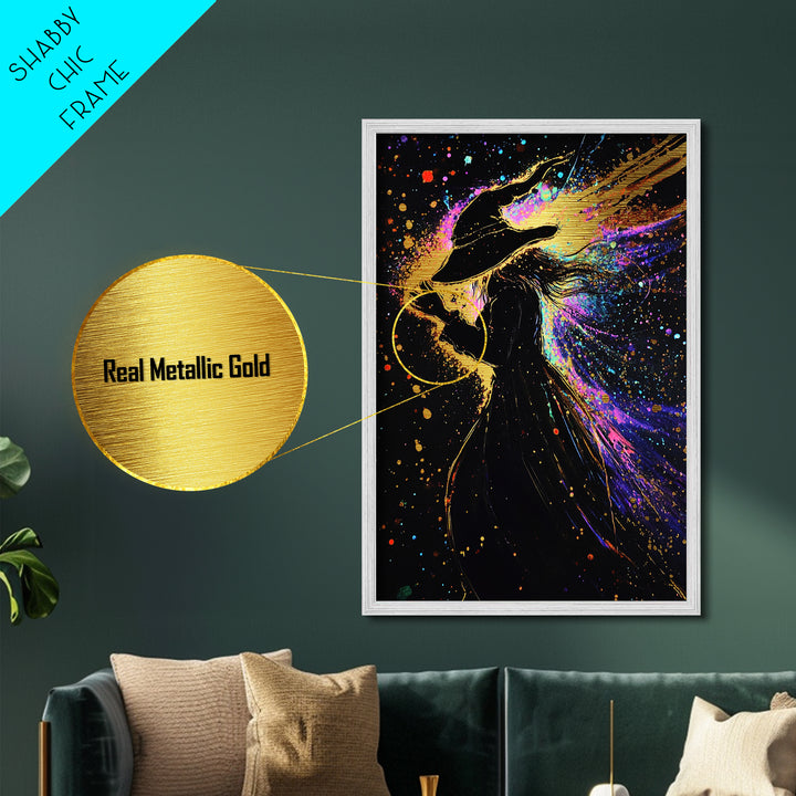Witch Silhouette Metallic Gold Art, Spooky Season Metal Art Wall Decor, Gothic Painting Framed in Real Wood