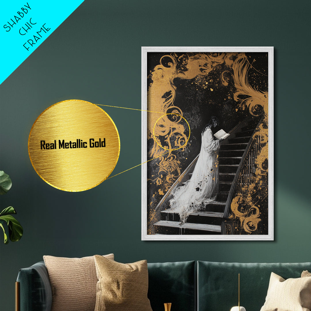 Ghostly Woman On Staircase Metallic Gold Art Metal Art Gothic Haunted Mansion Style Framed In Real Wood
