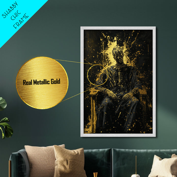 Abstract Haunted Figure On Throne Metallic Gold Art Metal Art Spooky Gothic Drip Painting With Real Wood Frame