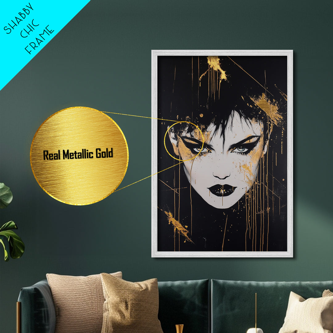 Gothic Vampire Portrait Metallic Gold Art Metal Art Halloween Spooky Season Wall Decor Framed In Real Wood