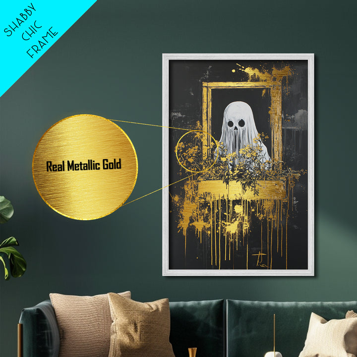 Ghostly Window Spirit Metallic Gold Art Metal Art | Creepy Halloween Gothic Décor Framed in Real Wood for Spooky Season