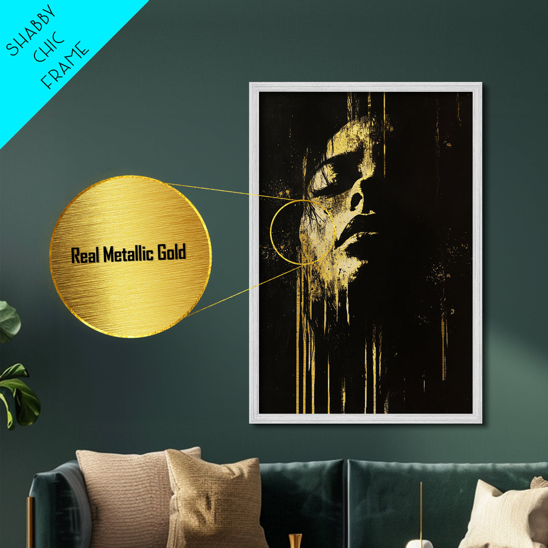 Shadowed Face Metallic Gold Art Metal Art | Dark Spooky Gothic Halloween Portrait Art with Natural Wood Frame Accent