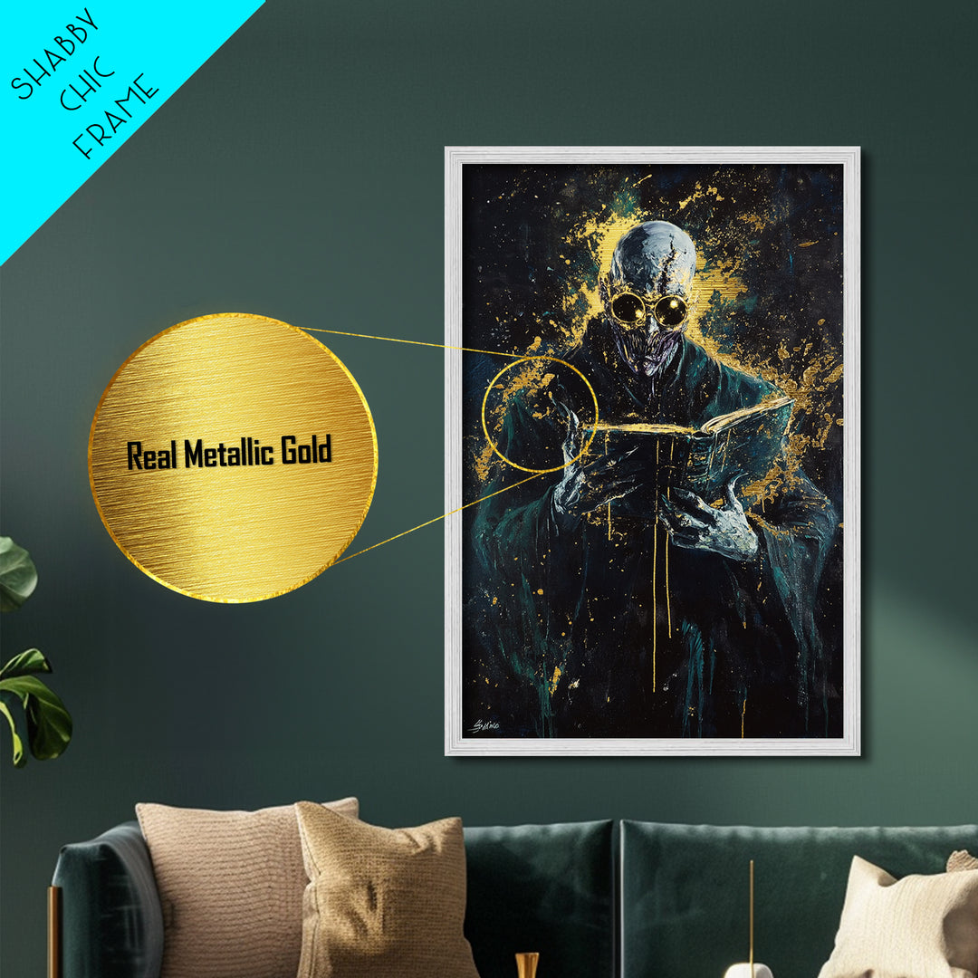 Haunted Spirit Metallic Gold Art Metal Art, Spooky Gothic Wall Decor with Natural Wood Frame for Halloween Horror Lovers