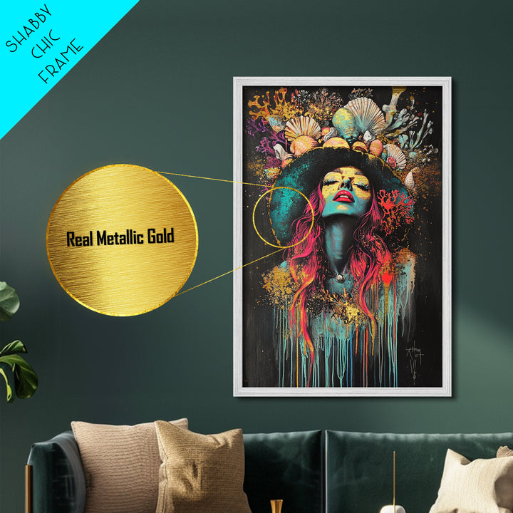 Witchy Woman Metallic Gold Art Metal Art | Psychedelic Spooky Season Portrait Wall Décor in Handcrafted Real Wood Frame