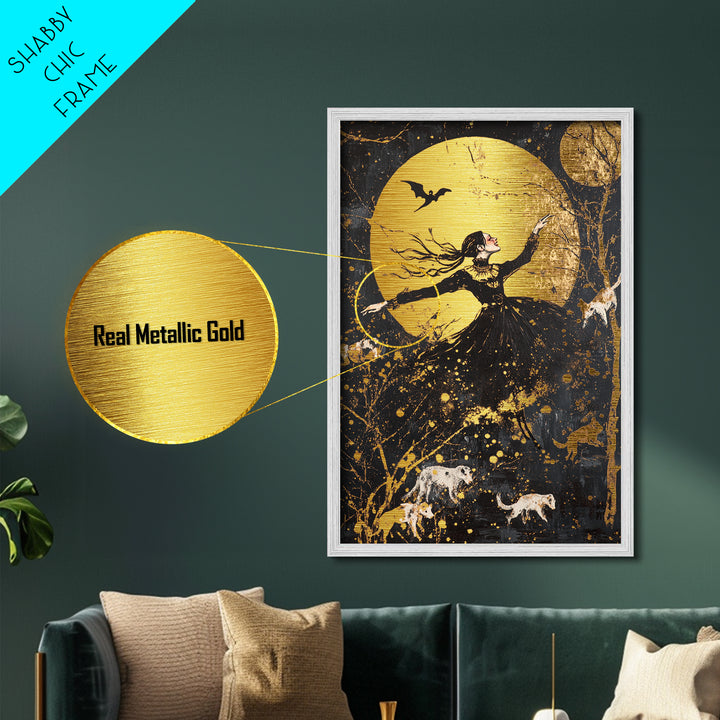Moonlit Witch Dance Metallic Gold Art Metal Art | Gothic Spooky Halloween Wall Décor with Wolves Framed in Real Wood