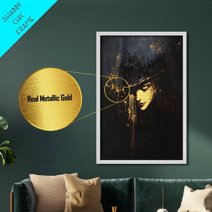 Gothic Shadow Portrait Metallic Gold Art Metal Art | Creepy Haunted Halloween Wall Décor Framed In Real Wood For Spooky Season