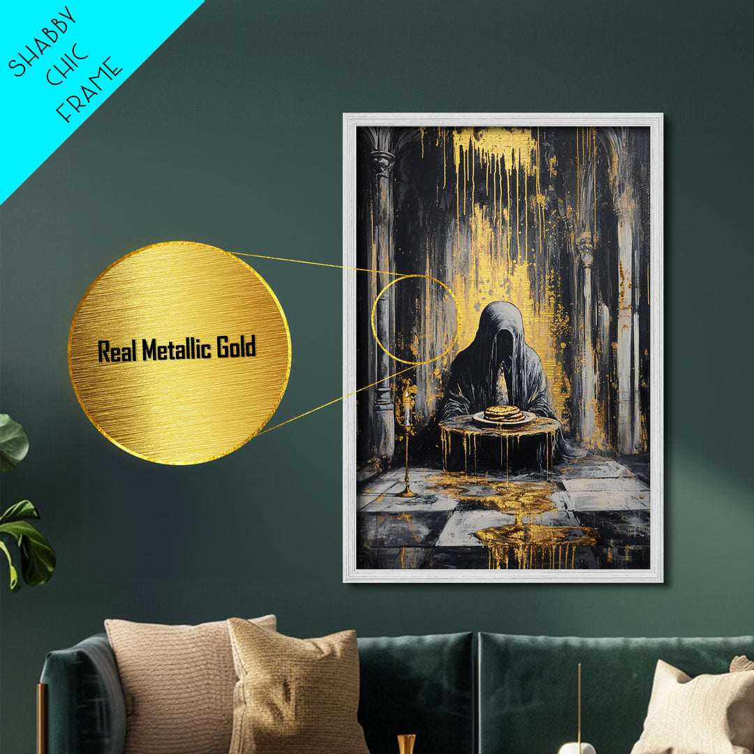 Haunted Cloaked Figure Metallic Gold Art Metal Art | Gothic Halloween Wall Décor With Pancakes | Spooky Horror Painting Framed In Wood