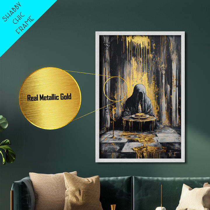Haunted Cloaked Figure Metallic Gold Art Metal Art | Gothic Halloween Wall Décor With Pancakes | Spooky Horror Painting Framed In Wood