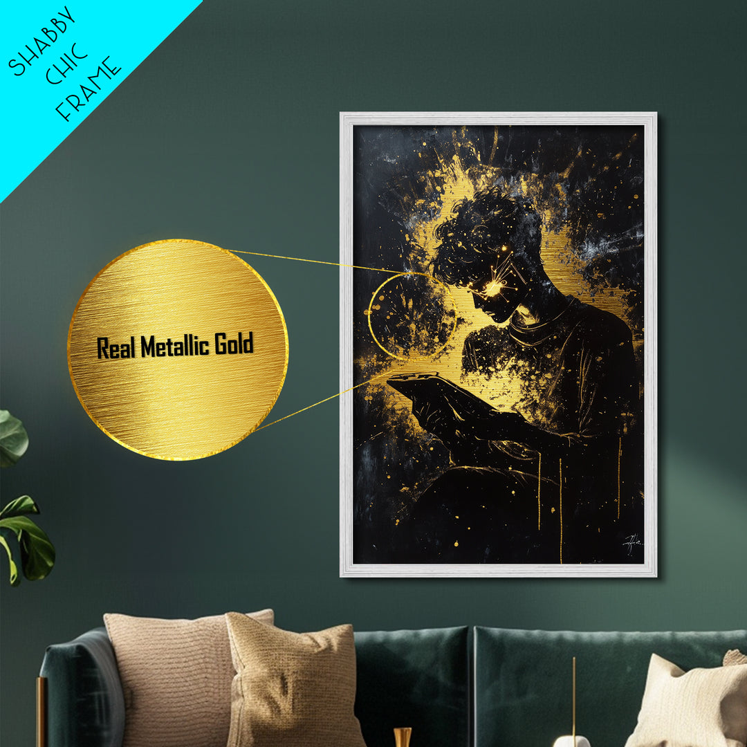 Witchy Tech Sorcerer Metallic Gold Art, Spooky Metal Art of Mystic Reader with Glowing Eyes, Framed in Natural Wood