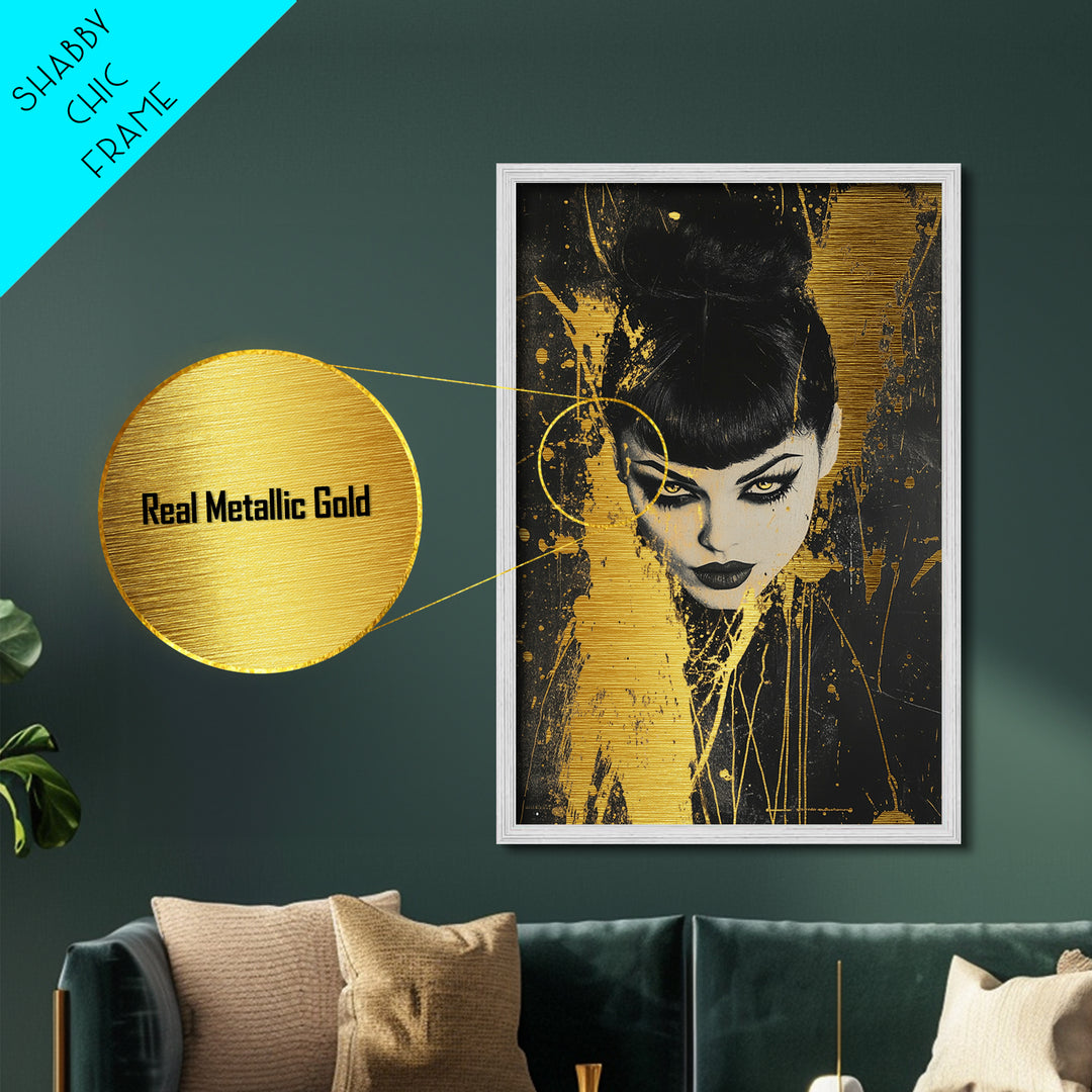 Vampire Gothic Woman Metallic Gold Art, Dark Spooky Season Metal Art Portrait, Horror Inspired Wall Decor in Real Wood Frame