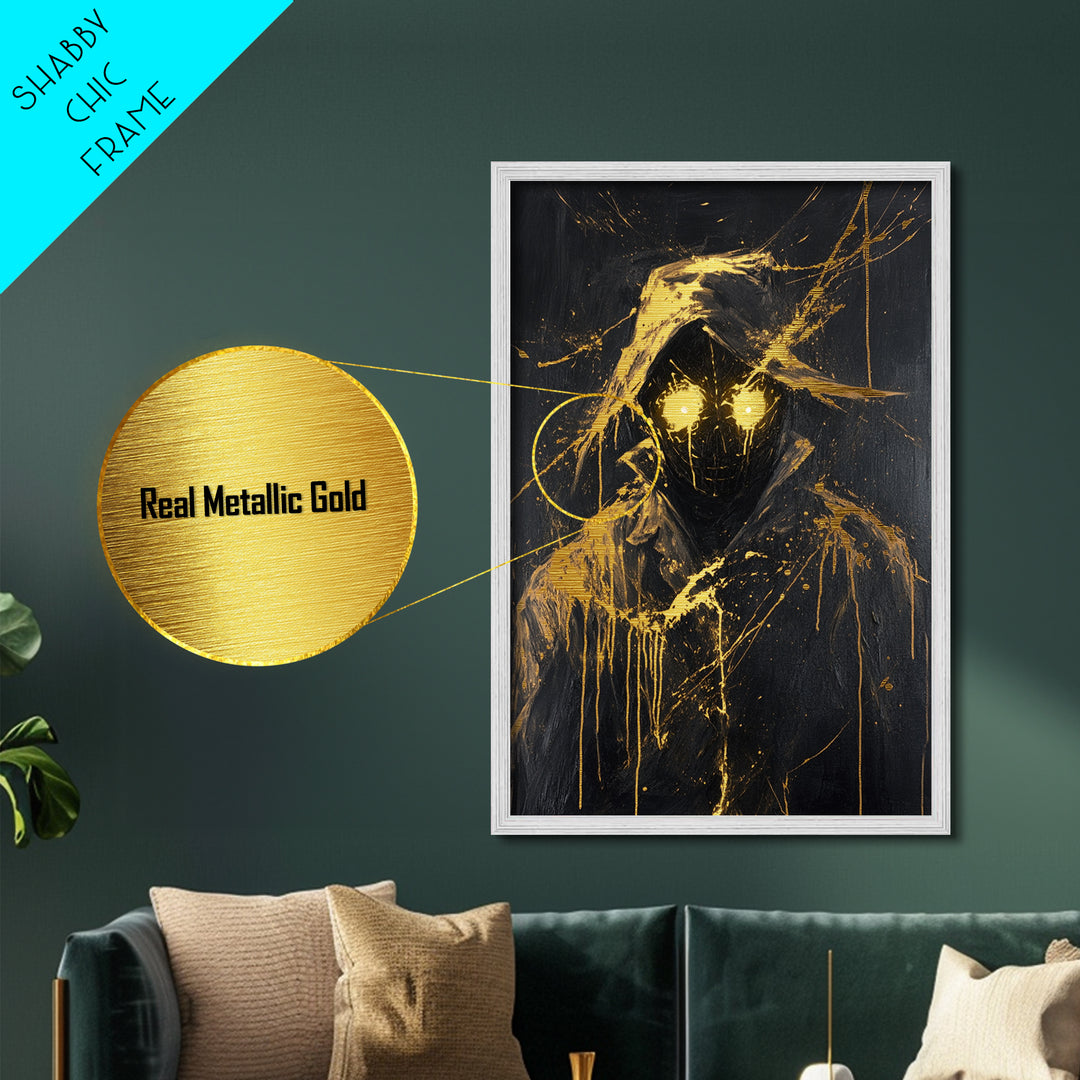 Glowing-Eyed Phantom Metallic Gold Art, Spooky Season Metal Art of Hooded Specter, Creepy Gothic Wall Decor with Real Wood Frame