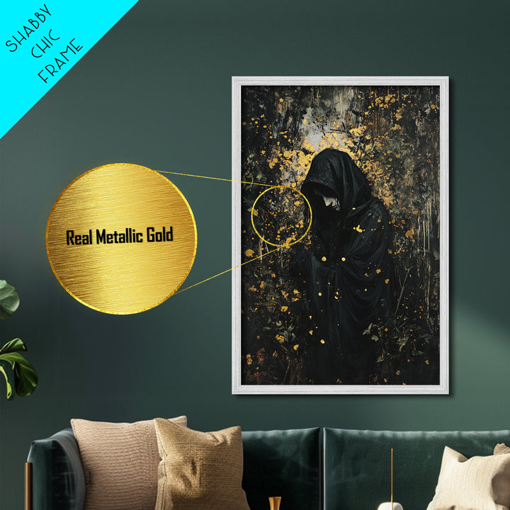 Haunted Forest Reaper Metallic Gold Art, Dark Spooky Season Metal Art of Gothic Hooded Figure, Horror Wall Decor in Wood Frame