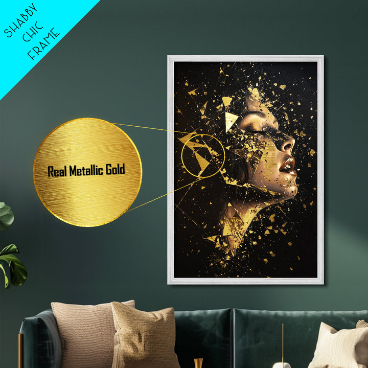 Shattered Face Metallic Gold Art, Horror-Inspired Spooky Season Metal Art, Gothic Halloween Wall Decor with Real Wood Frame
