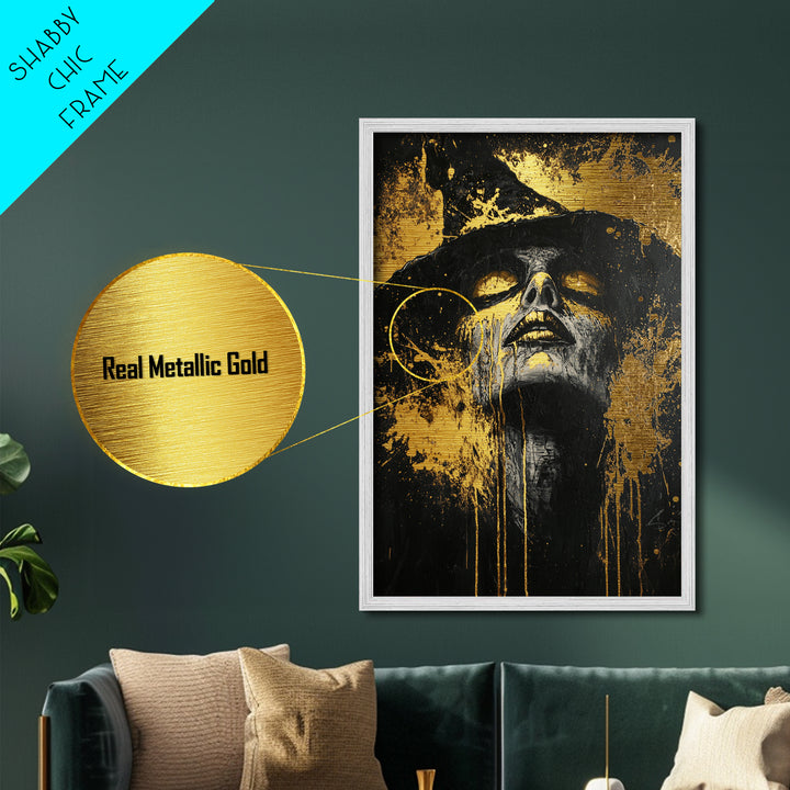 Witchy Gothic Metallic Gold Art Metal Art with Real Wood Frame, Spooky Halloween Wall Decor, Haunted Witch Portrait Print