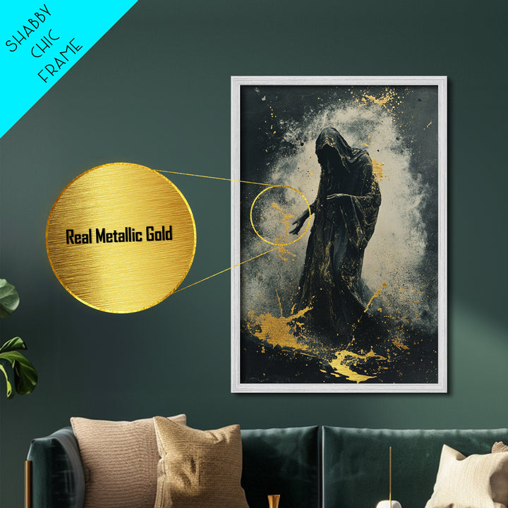 Haunting Reaper Metallic Gold Art Metal Art in Natural Wood Frame, Spooky Halloween Gothic Wall Art, Creepy Dark Spirit Decor
