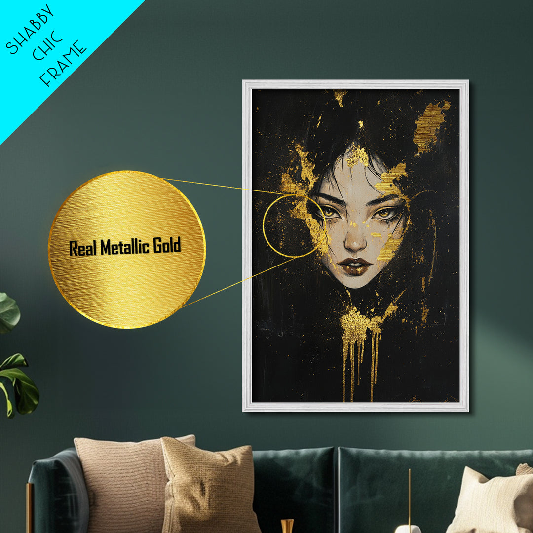 Eerie Witch Portrait Metallic Gold Art Metal Art, Spooky Halloween Wall Hanging with Real Wood Frame, Gothic Haunted Home Decor