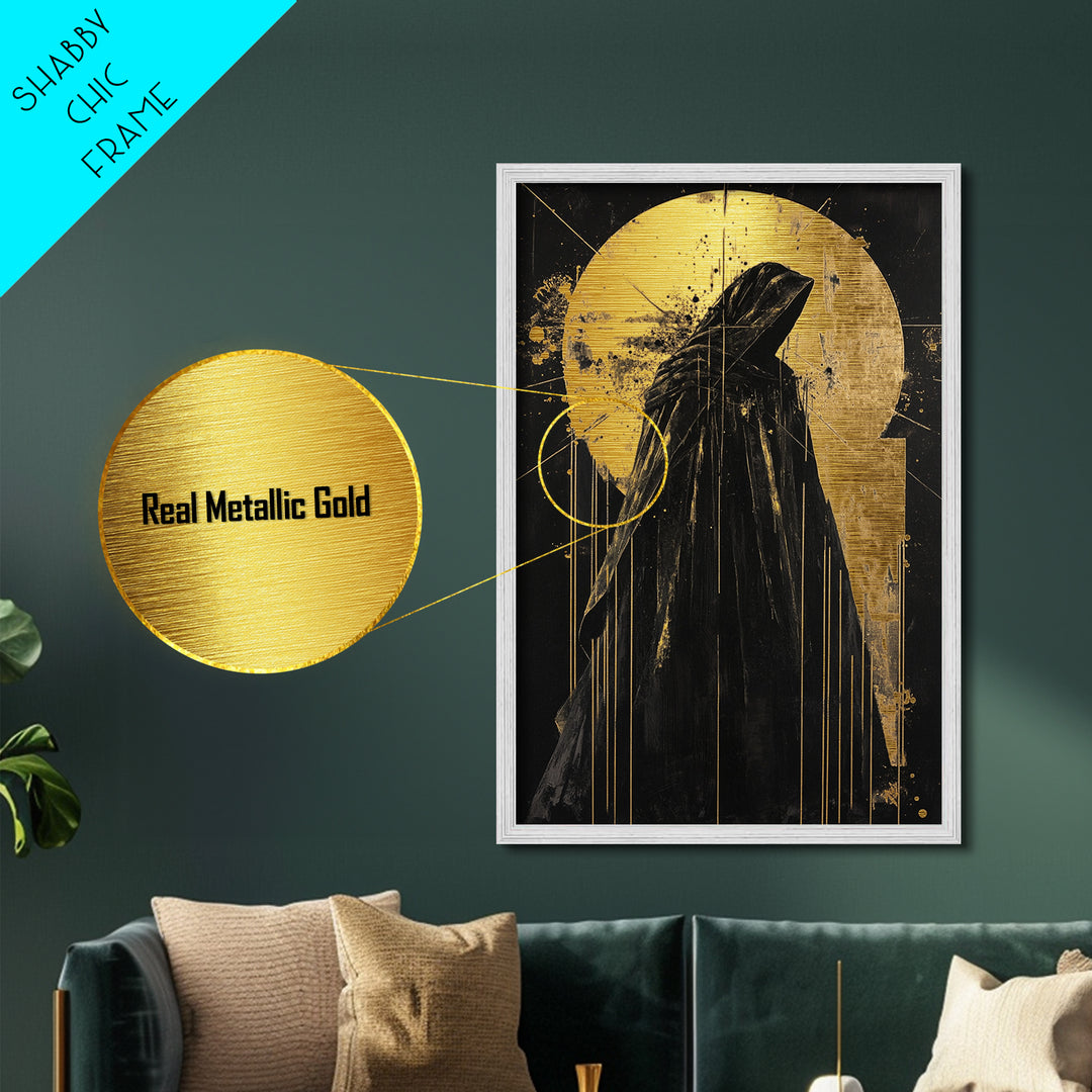 Cloaked Horror Metallic Gold Art Metal Art with Real Wood Frame, Gothic Spooky Halloween Decor, Haunted Dark Spirit Wall Hanging