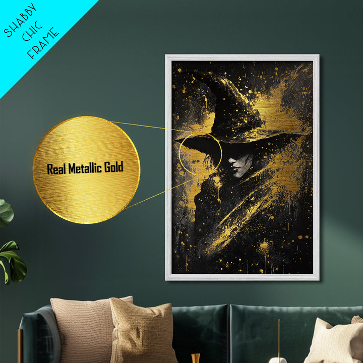 Mystical Witch Metallic Gold Art Metal Art, Framed in Natural Wood, Spooky Halloween Gothic Wall Decor, Haunted Witchcraft Artwork