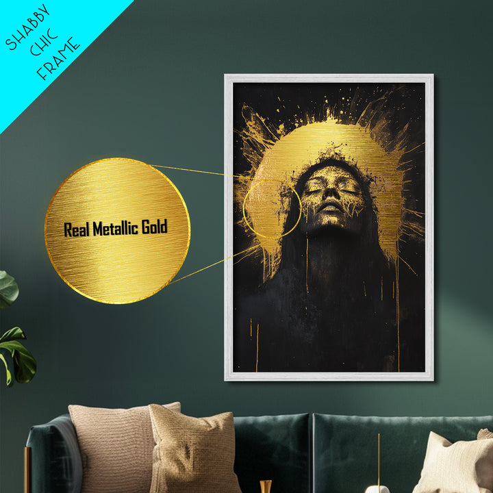 Golden Halo Witch Metallic Gold Art Metal Art with Real Wood Frame, Spooky Halloween Gothic Wall Hanging, Haunted Dark Portrait