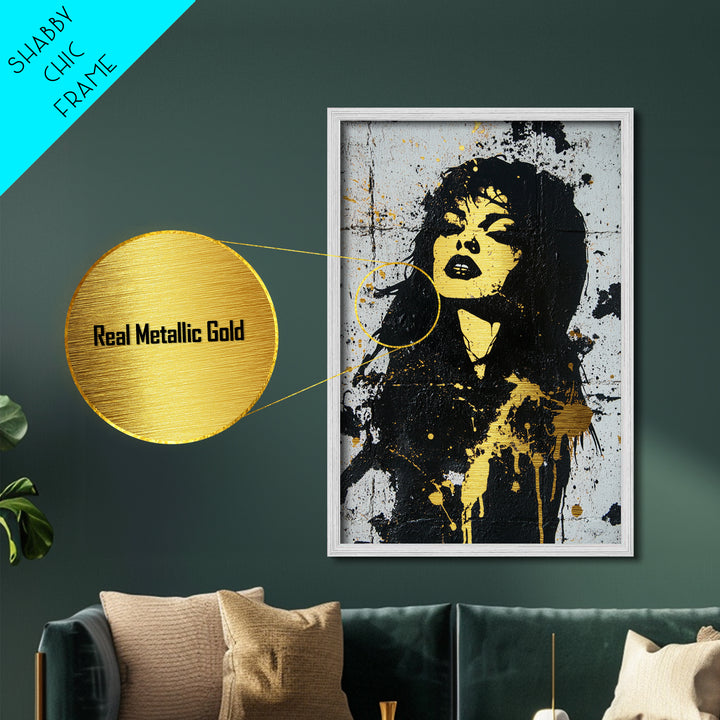 Gothic Female Vampire Portrait Metallic Gold Art | Dark Horror Metal Art Halloween Decor | Real Wood Frame Handcrafted Finish