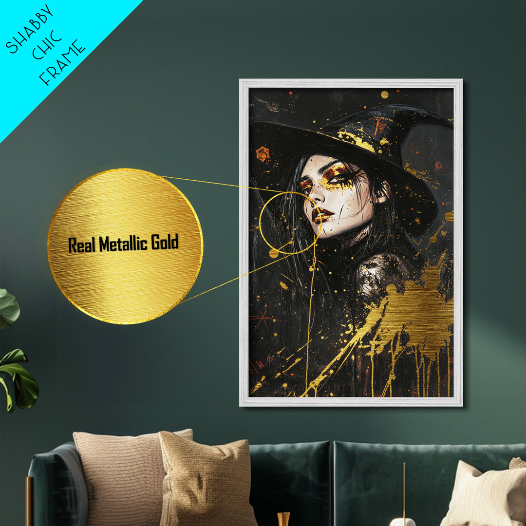 Witch Hat Glam Metallic Gold Art | Gothic Halloween Metal Art Witchy Portrait | Spooky Season Wall Decor With Real Wood Frame