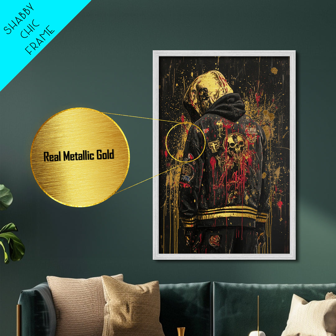 Skull Hooded Jacket Street Style Metallic Gold Art | Creepy Gothic Horror Metal Art | Halloween Wall Decor In Real Wood Frame