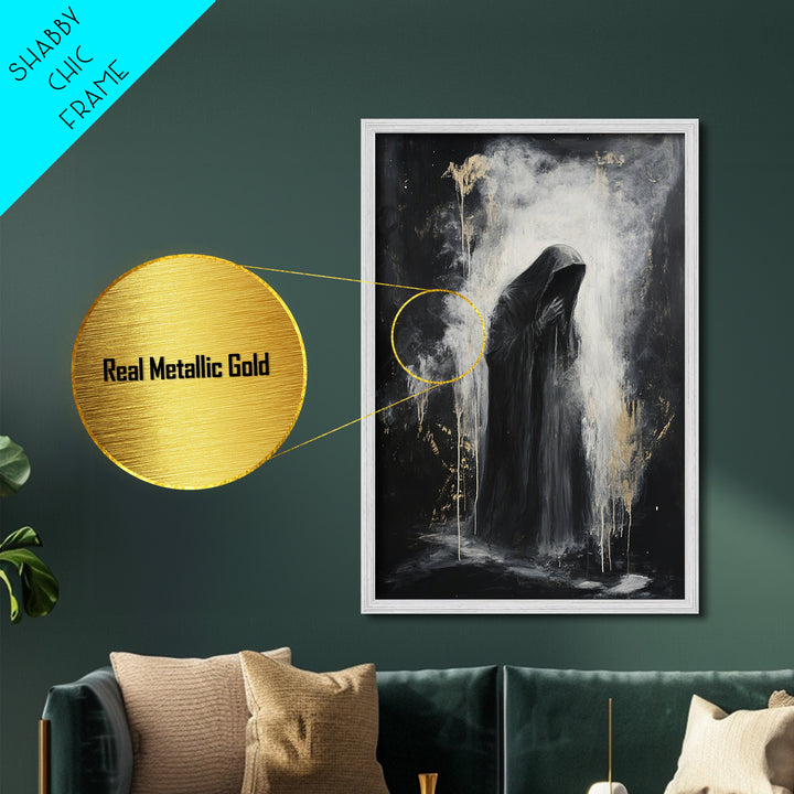 Dark Grim Reaper Metallic Gold Art | Haunted Horror Metal Art Spooky Season Wall Decor | Framed With Natural Real Wood
