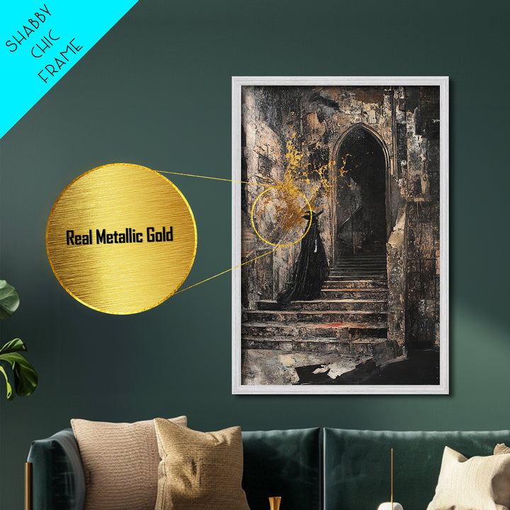 Gothic Castle Staircase Witch Metallic Gold Art | Haunted Horror Metal Art Halloween Wall Decor | Framed Real Wood Accent