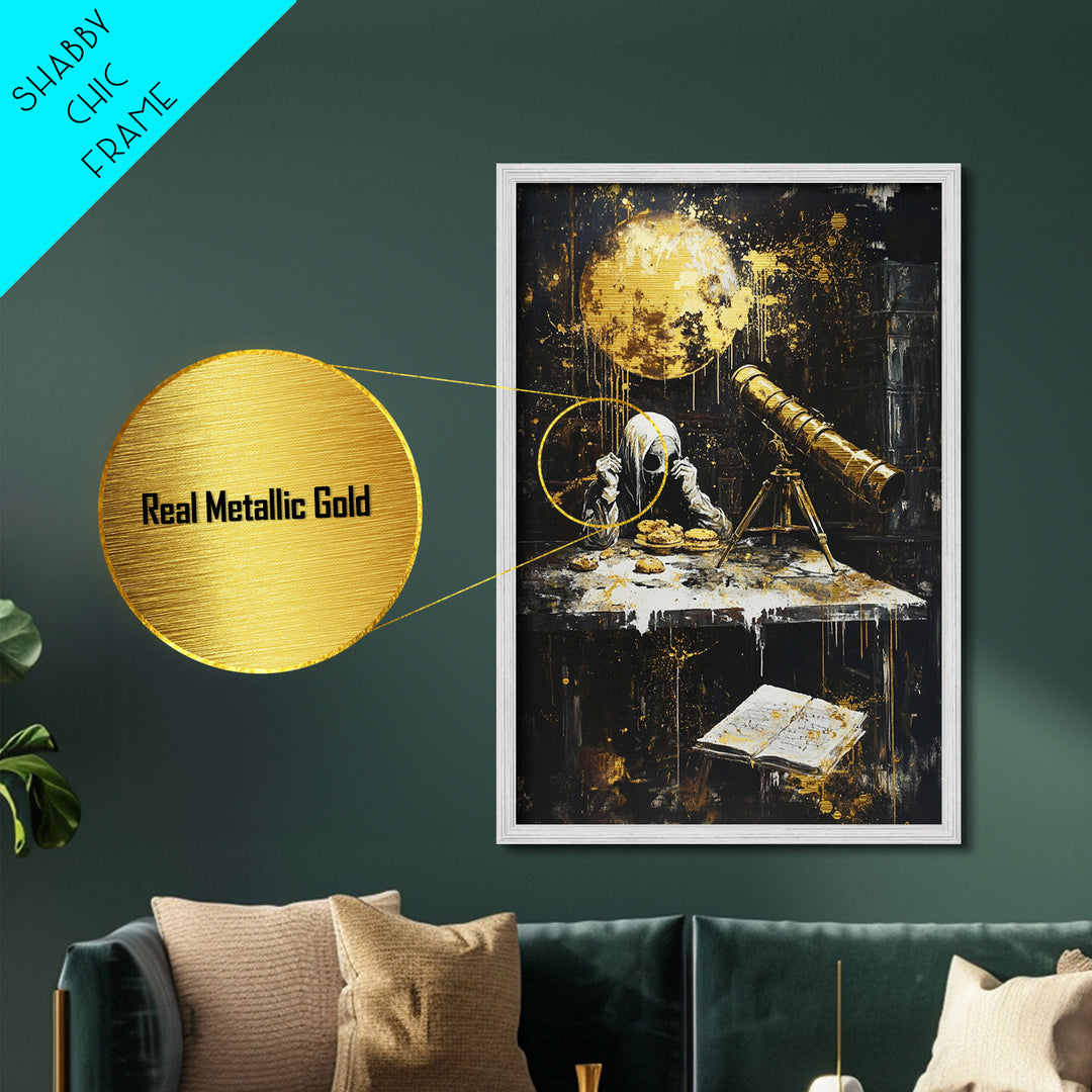Spooky Astronomy Scene With Hooded Figure Metallic Gold Art | Creepy Metal Art Haunted Halloween Decor | Real Wood Frame Display