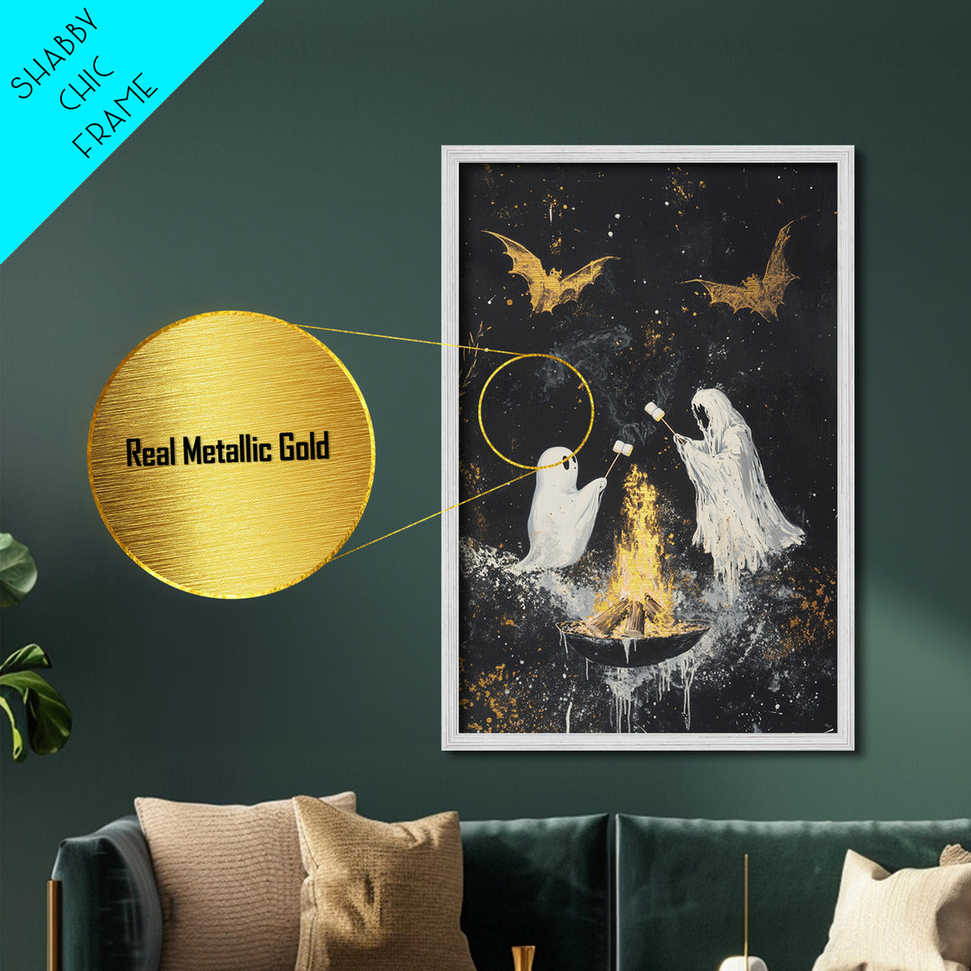 Ghosts Roasting Marshmallows Metallic Gold Art, Spooky Metal Art Halloween Wall Decor with Real Wood Frame, Haunted Firepit Scene