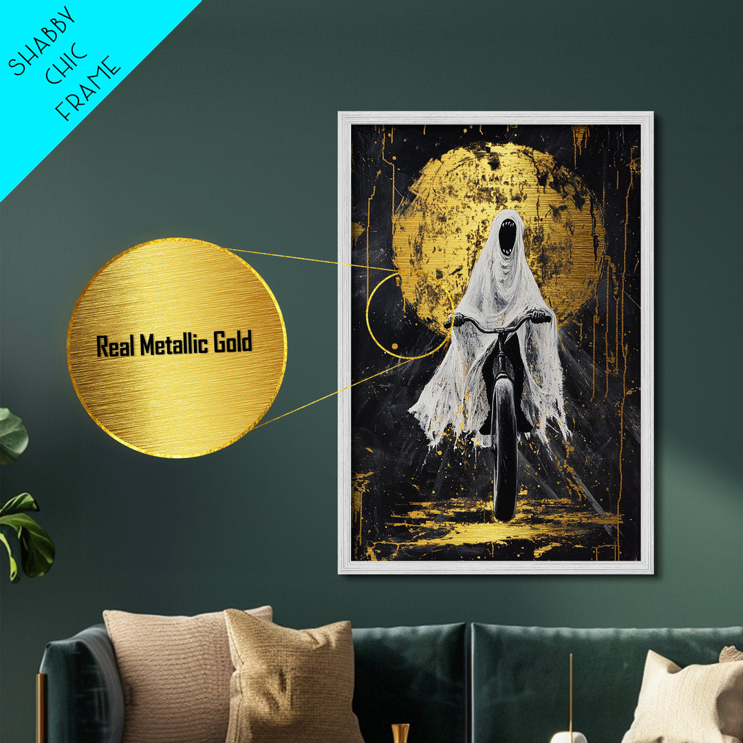 Terrifying Ghost Rider Bicycle Metallic Gold Art, Haunted Metal Art Halloween Wall Accent in Real Wood Frame for Spooky Home Decor
