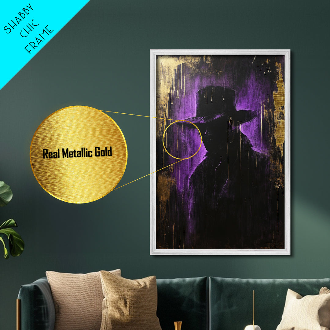 Mysterious Dark Stranger Metallic Gold Art, Gothic Metal Art Purple and Gold Halloween Shadow Silhouette Framed with Natural Wood