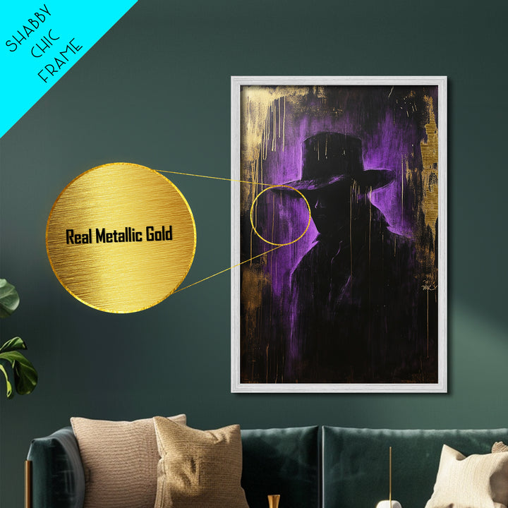 Mysterious Dark Stranger Metallic Gold Art, Gothic Metal Art Purple and Gold Halloween Shadow Silhouette Framed with Natural Wood