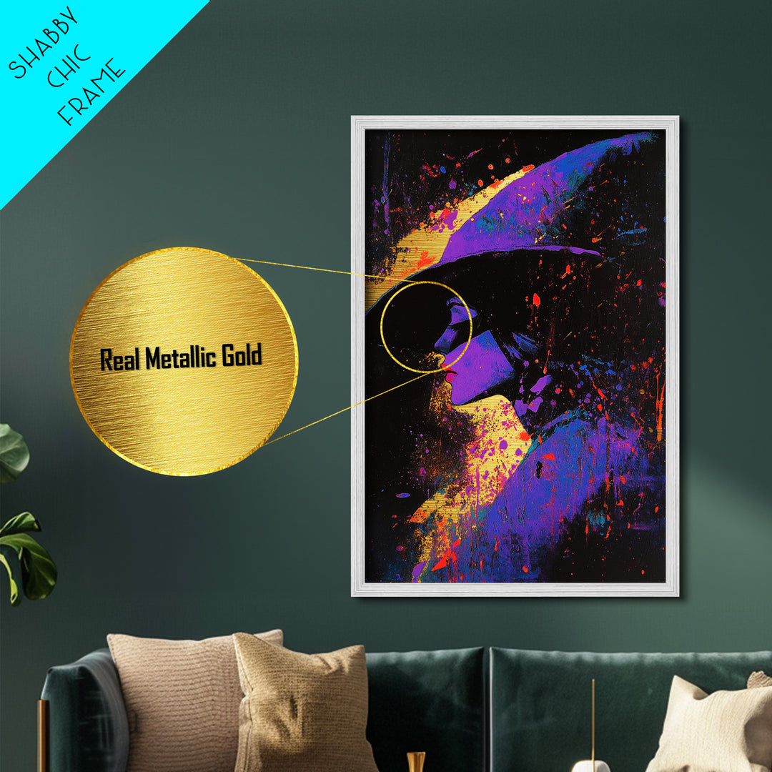 Witchy Woman Portrait Metallic Gold Art, Bold Metal Art Vibrant Purple Halloween Witch Wall Decor in Real Wood Frame Gothic Accent