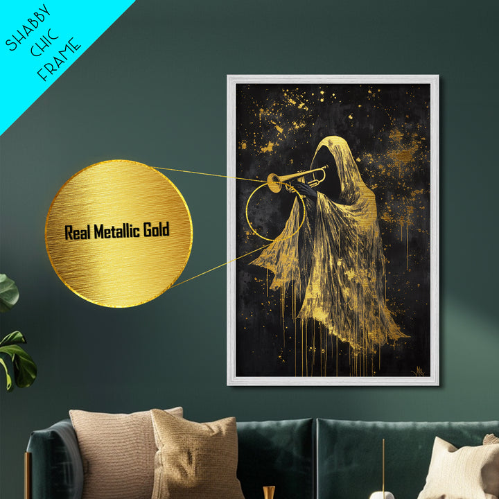 Trumpet-Playing Phantom Metallic Gold Art, Ghostly Musician Metal Art Halloween Wall Hanging in Natural Wood Frame Spooky Jazz Decor