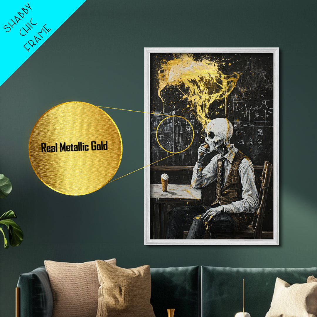 Skeleton Eating Ice Cream Metallic Gold Art, Quirky Metal Art Creepy Halloween Wall Decor Framed in Real Wood for Spooky Season