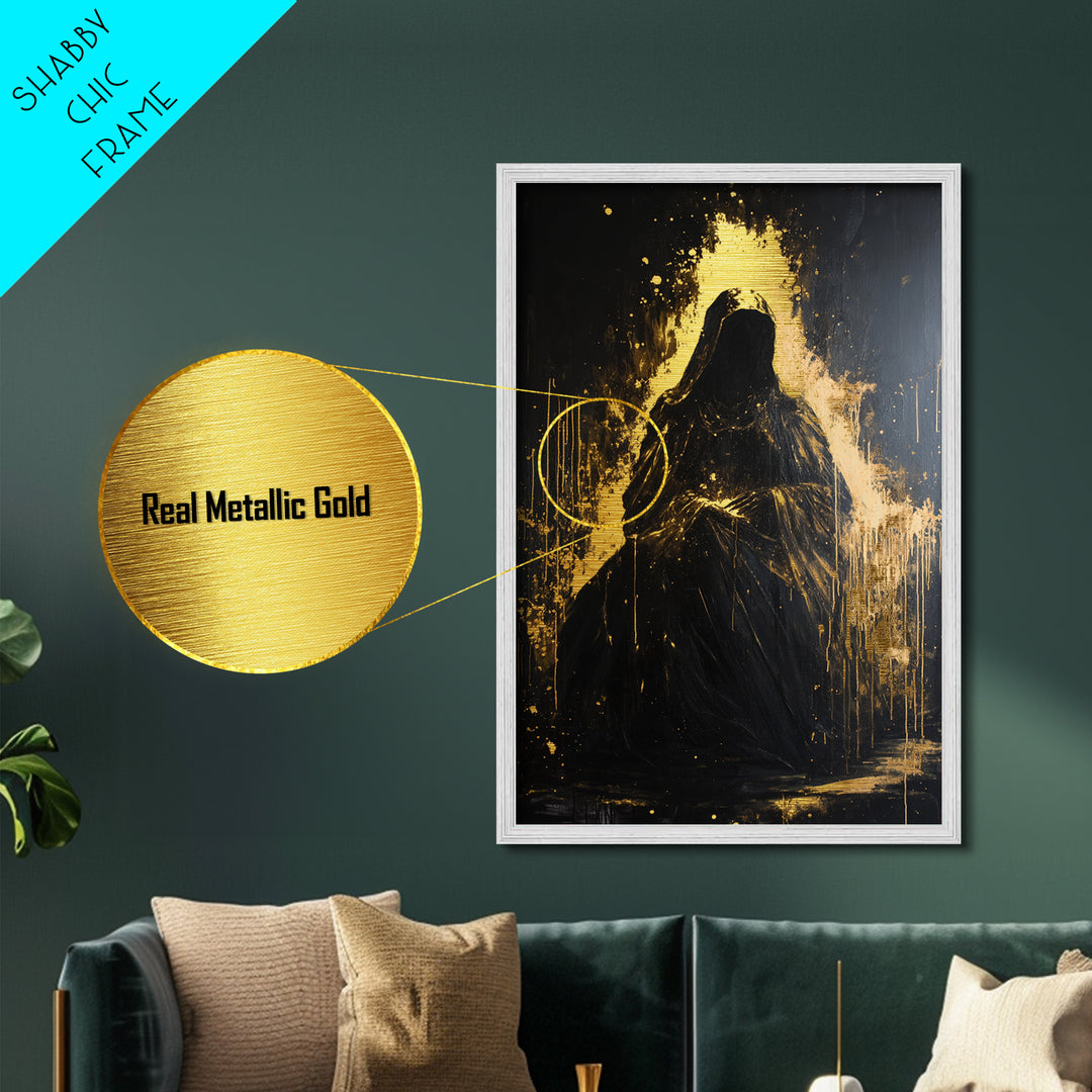 Dark Hooded Phantom Metallic Gold Art, Gothic Metal Art Haunted Shadow Figure Wall Decor in Natural Wood Frame for Halloween Atmosphere