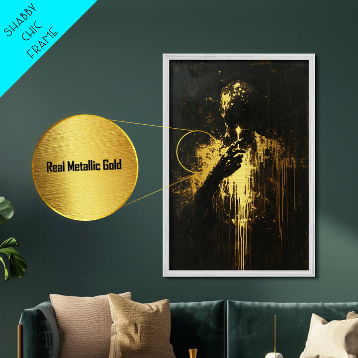 Haunted Silhouette Holding Candle – Spooky Metallic Gold Art, Gothic Horror Metal Art, Framed in Natural Real Wood