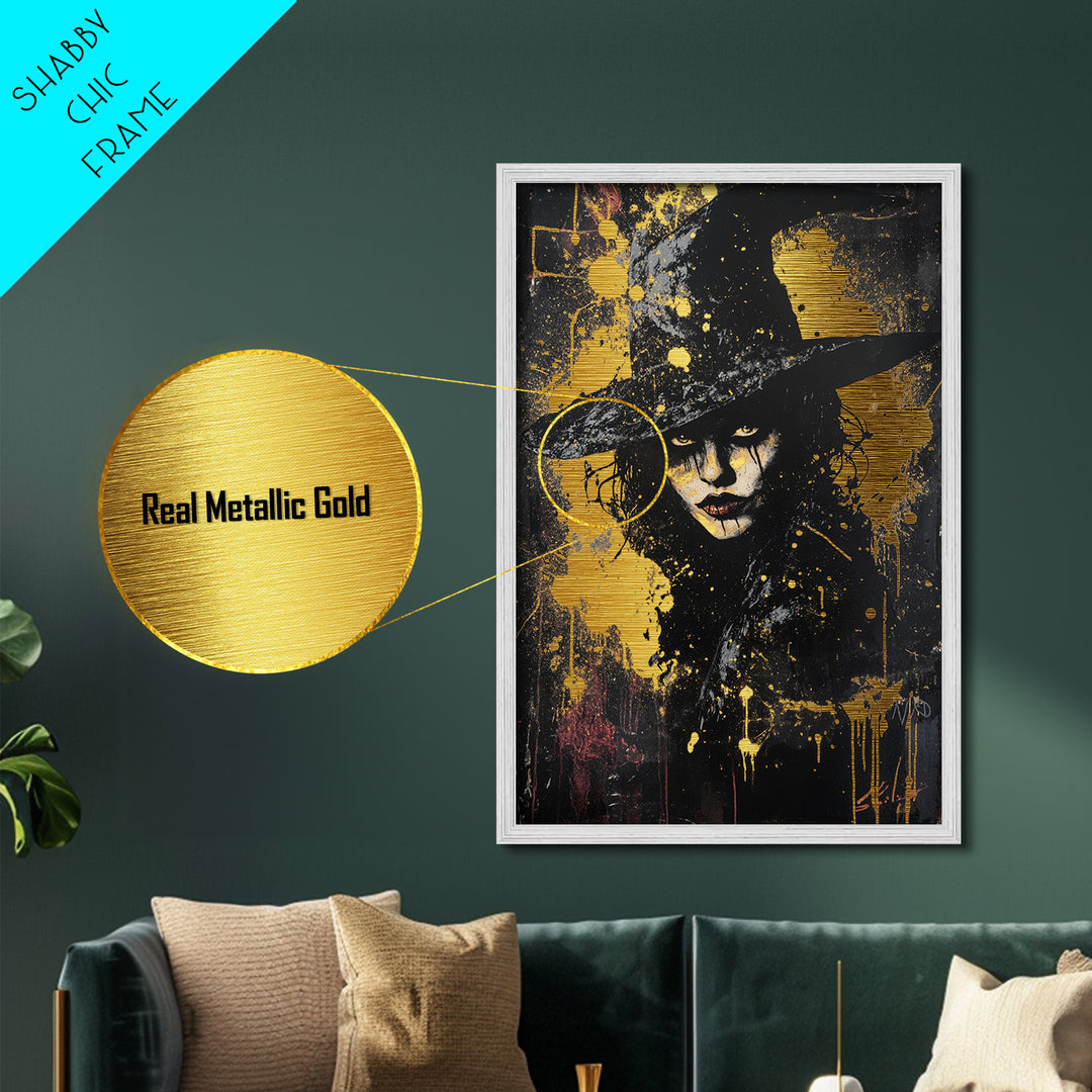 Witchy Woman Portrait with Hat – Metallic Gold Art Halloween Wall Decor, Gothic Metal Art, Dark Glam with Real Wood Frame