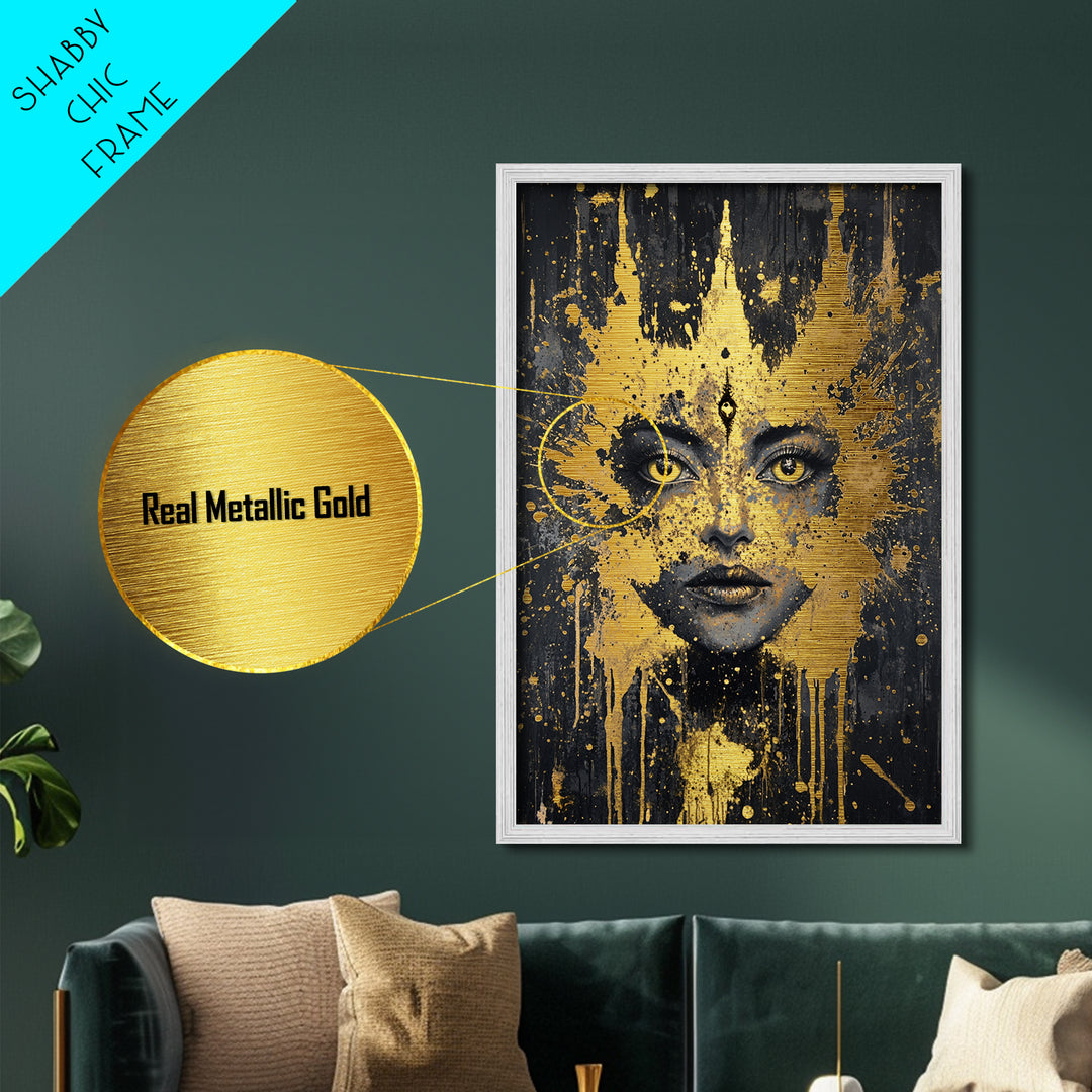 Mystic Third Eye Goddess – Metallic Gold Art, Spooky Season Witchy Metal Art, Occult Halloween Decor in Real Wood Frame
