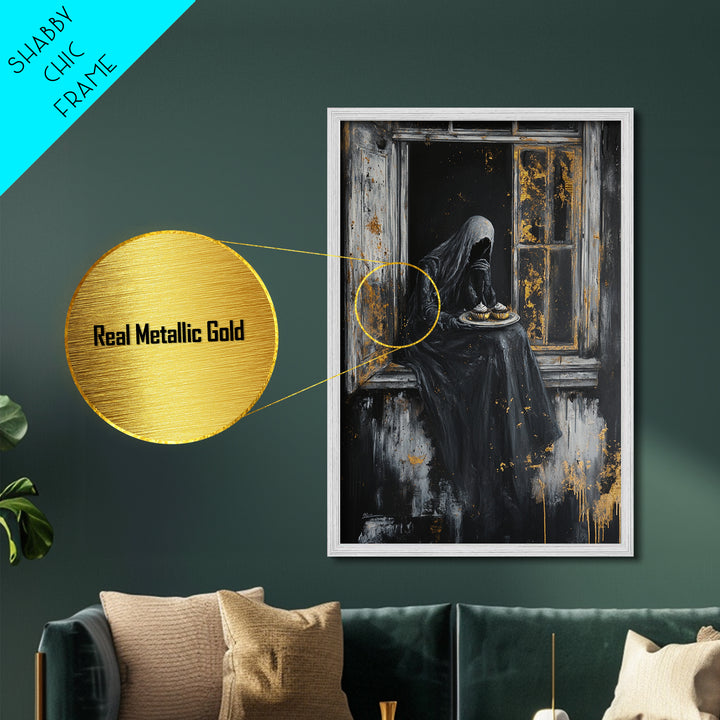 Haunting Widow in Window – Metallic Gold Art, Spooky Gothic Metal Art, Creepy Halloween Decor with Real Wood Framing