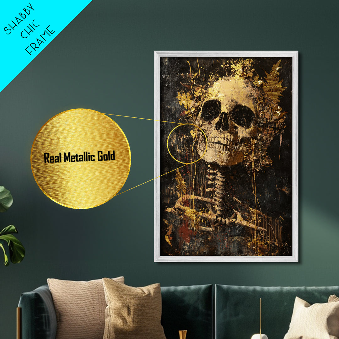 Skeleton with Floral Crown – Metallic Gold Art, Spooky Gothic Metal Art, Creepy Halloween Skeleton Decor in Natural Wood Frame