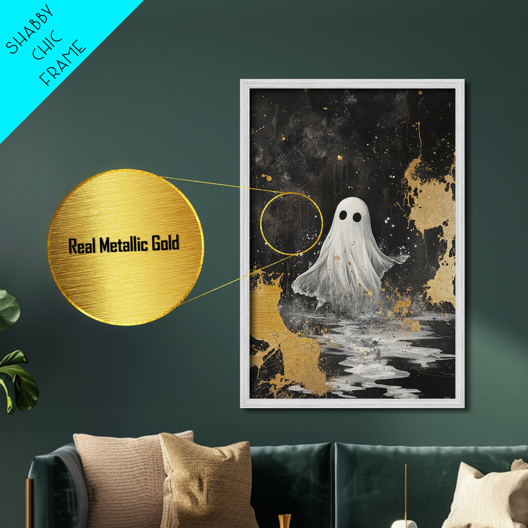 Haunted Ghost Metallic Gold Art, Spooky Season Metal Art with Natural Wood Frame, Gothic Halloween Wall Decor Accent