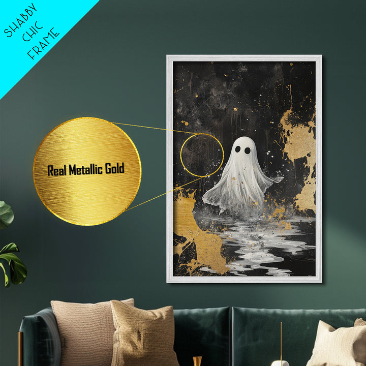 Haunted Ghost Metallic Gold Art, Spooky Season Metal Art with Natural Wood Frame, Gothic Halloween Wall Decor Accent