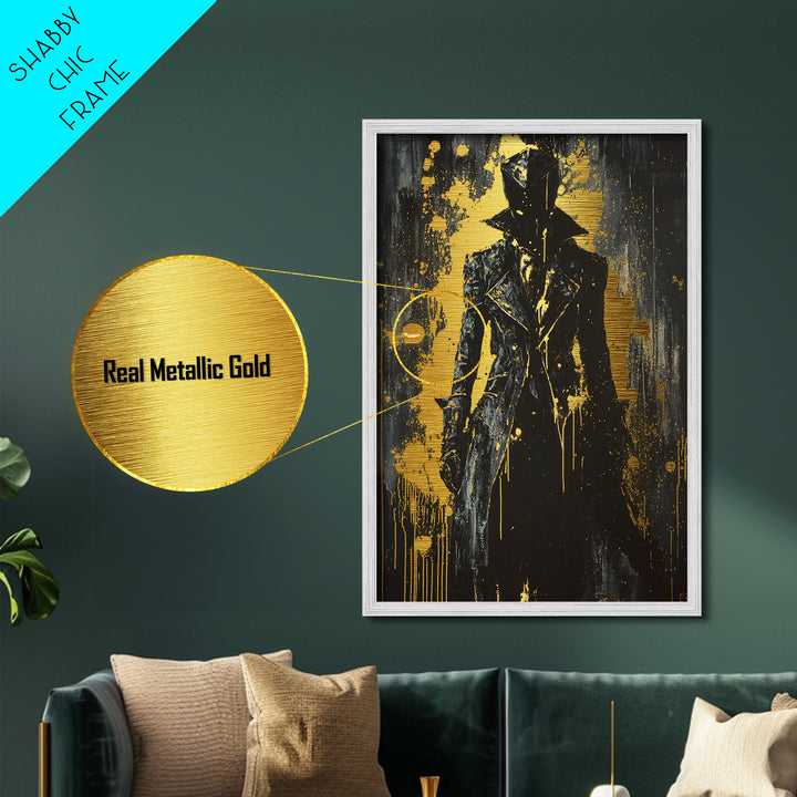 Dark Shadow Figure Metal Art, Gothic Horror Metallic Gold Art Framed in Real Wood, Creepy Haunted Halloween Wall Hanging
