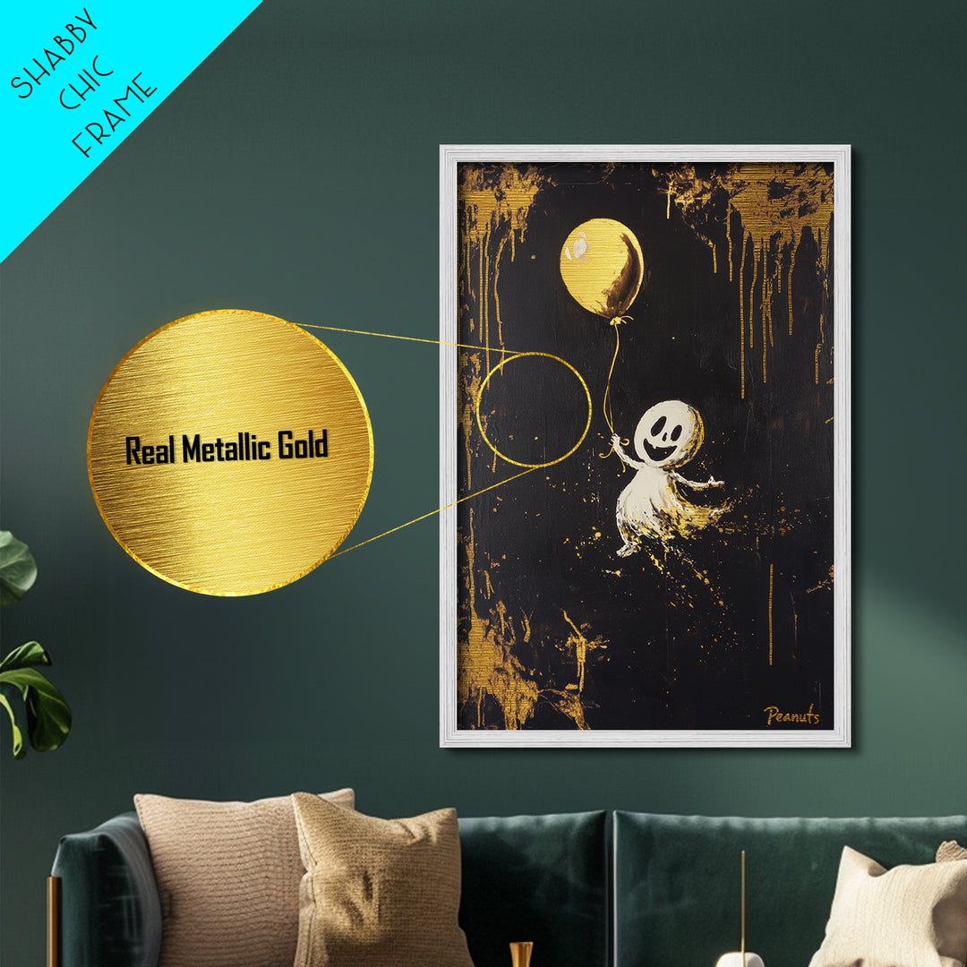 Cute Ghost Metallic Gold Art Metal Art, Spooky Halloween Wall Art with Balloon, Framed in Real Wood for Seasonal Decor