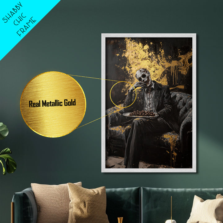 Skull Butler Metallic Gold Art, Gothic Horror Metal Art with Wooden Frame, Spooky Halloween Creepy Wall Decor Accent