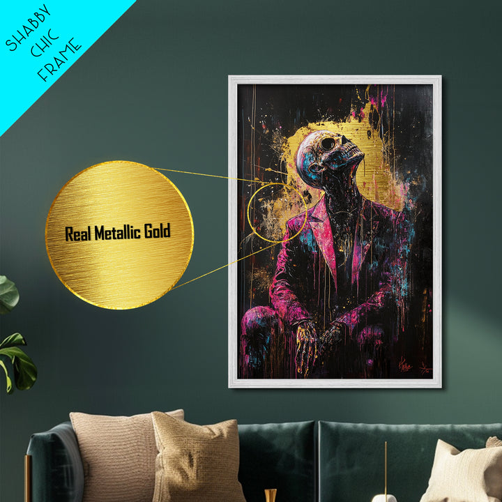 Skeleton Gentleman Gothic Metal Art, Vibrant Horror Metallic Gold Art with Real Wood Frame, Creepy Halloween Wall Decor