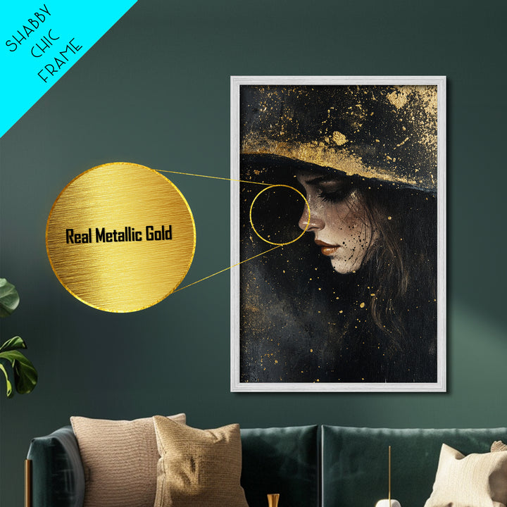 Mystical Witch Portrait Metallic Gold Art, Dark Gothic Metal Art with Framed Natural Wood, Haunted Spooky Season Wall Art